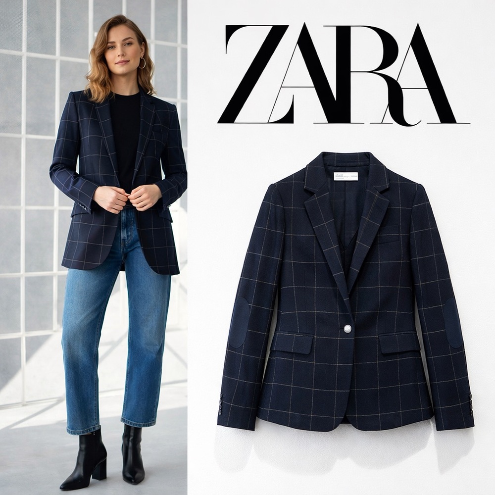 Zara Basic WOOL blend Windowpane Plaid Blazer S Black Elbow Patch Jacket